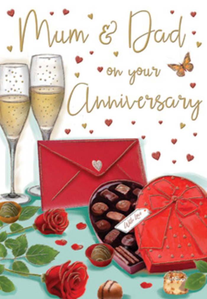 The illustration on this anniversary card feels like a lovingly set scene in a Harlesden living room, full of rich colour and tender symbolism for Mum and Dad. At the centre of the image, two deep red roses rest side by side, their petals velvety and voluminous, painted with delicate shading that brings out every fold and curve. Surrounding them are glossy green leaves, their surfaces smooth and slightly reflective, recalling the freshness of blooms sourced that very day from a trusted Harlesden florist. Nestled just beside the roses is an open, heart-shaped box of chocolates, its interior displaying carefully placed truffles in tones of milk and dark chocolate. Draped over the lid is a luxurious red bow, tied in confident, sweeping loops, suggesting thoughtfulness and celebration. Directly behind this, two elegant champagne flutes rise from the table, close enough that their stems almost touch. They are filled with pale golden fizz, the fine bubbles suspended as though caught in the moment before a toast, perhaps after a gentle walk back from Roundwood Park. Floating across the background, a scatter of gold and crimson hearts surrounds the hand-lettered dedication to "Mum & Dad", giving the card a playful yet reverent charm. In the foreground rests a bright scarlet envelope, sealed and slightly tilted, hinting at words of love, appreciation, and shared history held within. The overall mood is intimate, cosy, and celebratory, like an anniversary evening in Harlesden where flowers, champagne, and chocolates come together as simple, heartfelt ways of saying thank you for a lifetime of love.