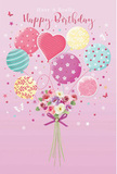 A whimsical birthday celebration is captured in this illustration, as if a little pocket of joy has floated up above Harlesden's bustling crossroads. The scene is set on a soft, pastel pink background, warm and inviting. From the bottom centre, a hand-tied bouquet of delicate blooms rises, seemingly carried skywards by a collection of pastel balloons. Each balloon has a personality of its own: some are wrapped with candy-striped bands in rosy pink and teal, others are speckled with friendly polka dots, and one prominent heart-shaped balloon glows at the middle, radiating affection. The palette flows between creamy pinks, sea greens, lemony yellows, and soft lavender, echoing the gentle vibrancy of local shopfronts along Church Road. Below the balloons, the bouquet is made up of roses and anemone-like blossoms in shades of ivory, blush, and dusky mauve. Their petals are finely textured and feathery, layered in subtle gradients of colour that suggest the attentive hand of a skilled florist. A violet satin bow ties the stems neatly, adding a richer note of purple that draws the eye and gives the airy design a grounded focal point. Light appears to fall evenly across the illustration, making the balloons shine with a gentle gloss while the flower petals seem to glow from within. Scattered around are tiny stars and butterfly-shaped accents, like bits of confetti swirling mid-air at a birthday party. The whole composition feels fresh, sweet, and hopeful-a visual birthday wish that says, in soft colours and careful details, that someone in Harlesden is loved and celebrated today.
